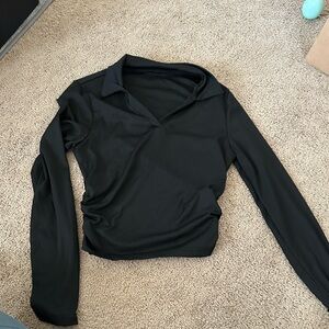 Black Long-Sleeve V-Neck Collared Top